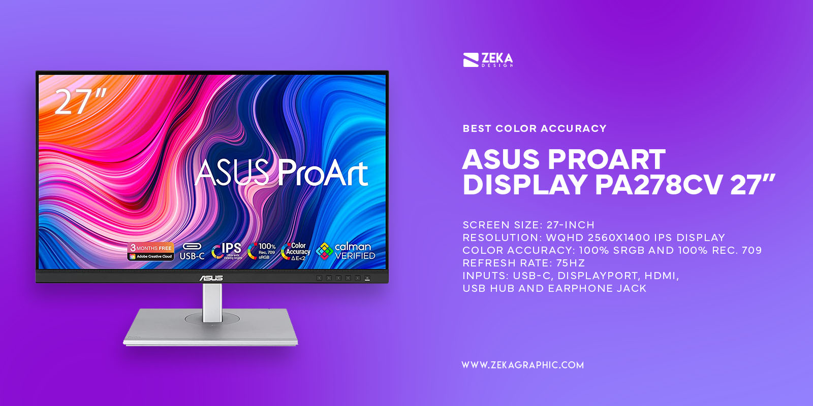 Asus ProArt PA278CV Best Color Accuracy And Budget-Friendly Monitor For MacBook Pro