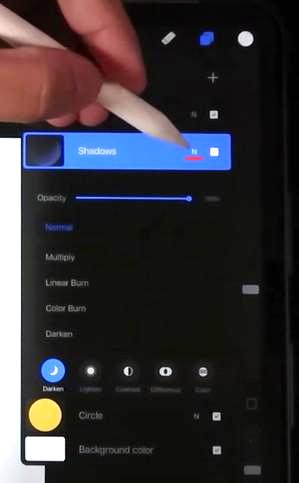 Changing the properties of a layer in Procreate by selecting the “N” on the layer