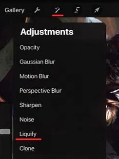 Selecting Liquify in the Adjustments menu in Procreate