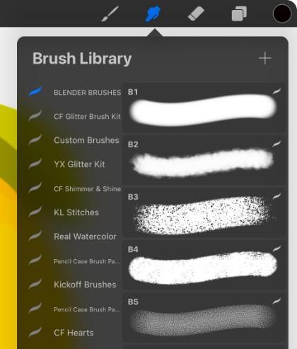 The Brush library open for the smudge tool in Procreate