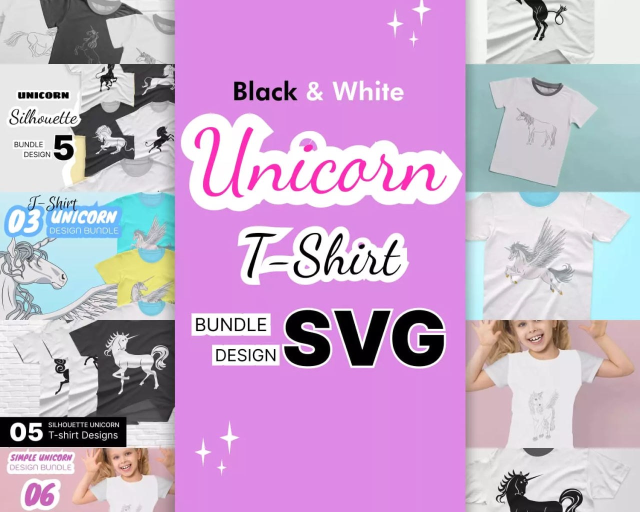 3 - Black _ White Unicorn SVG T-Shirt Designs Bundle