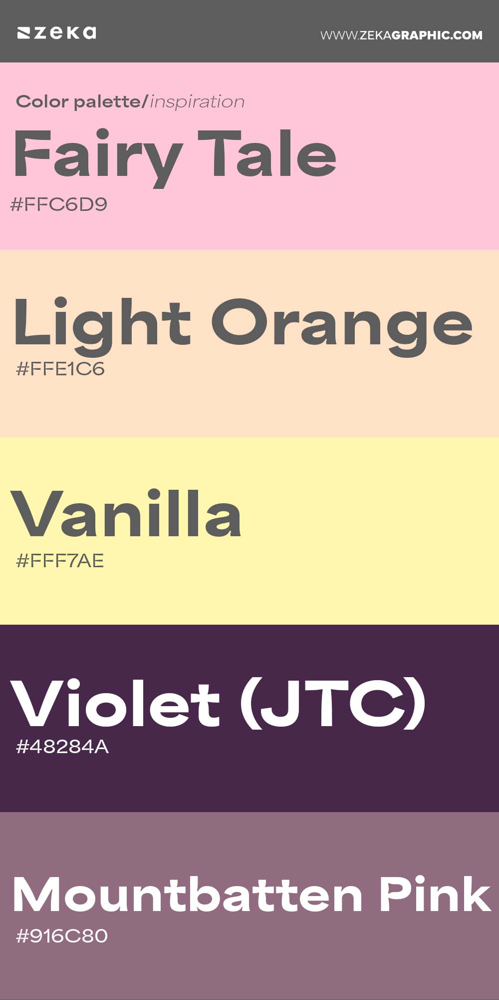 Color Palette Inspiration 17 #FFC6D9 #FFE1C6 #FFF7AE #48284A #916C80