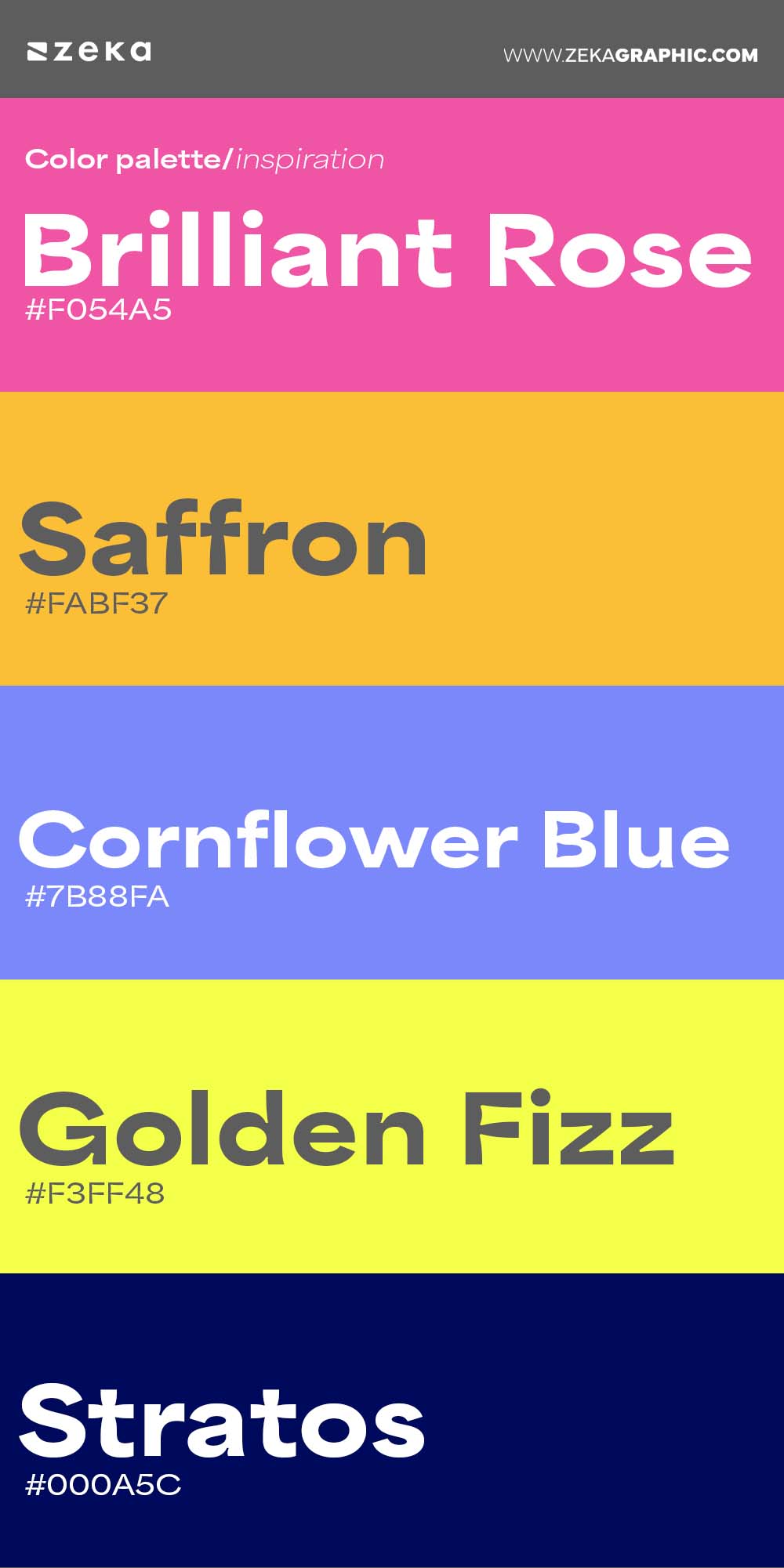 Color Palette Inspiration 1#F054A5 #FABF37 #7b88fa #f3ff48 #000a5c