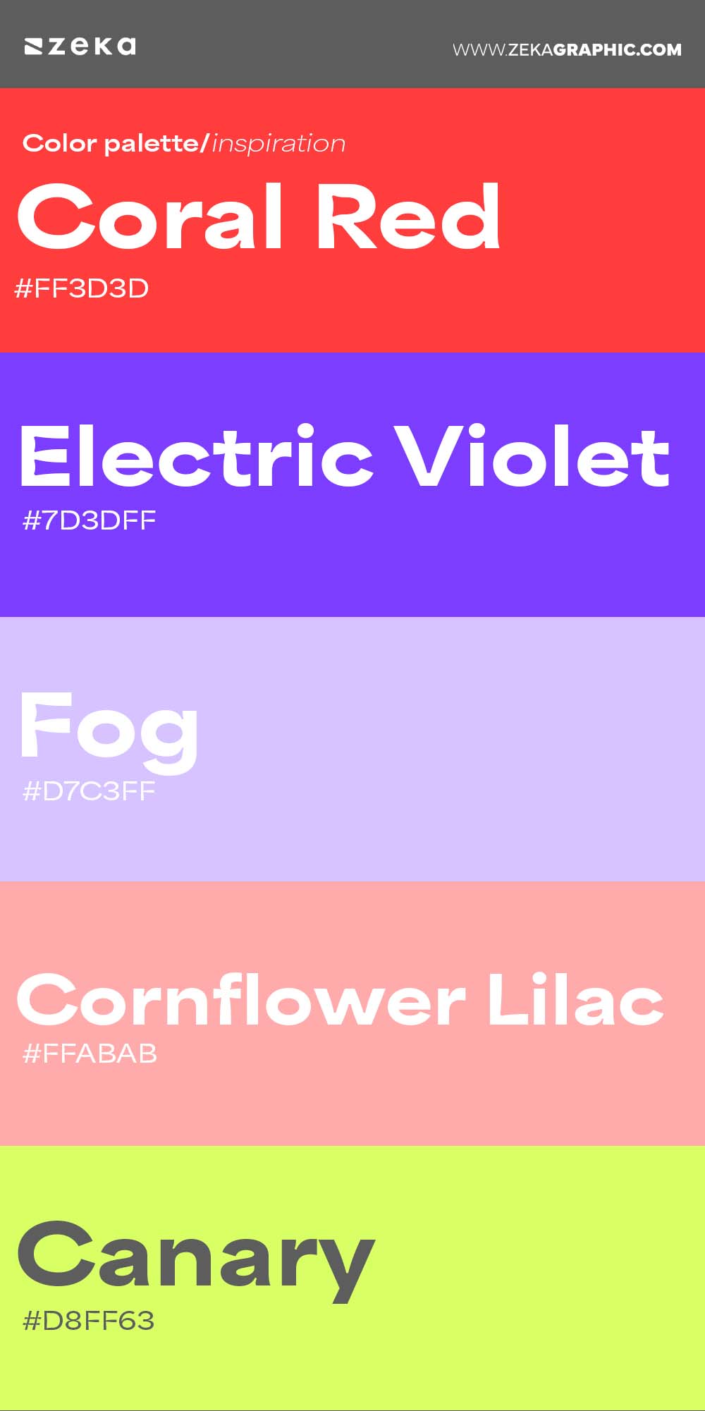 Color Palette Inspiration 26 #FF3D3D #7D3DFF #D7C3FF #FFABAB #D8FF63
