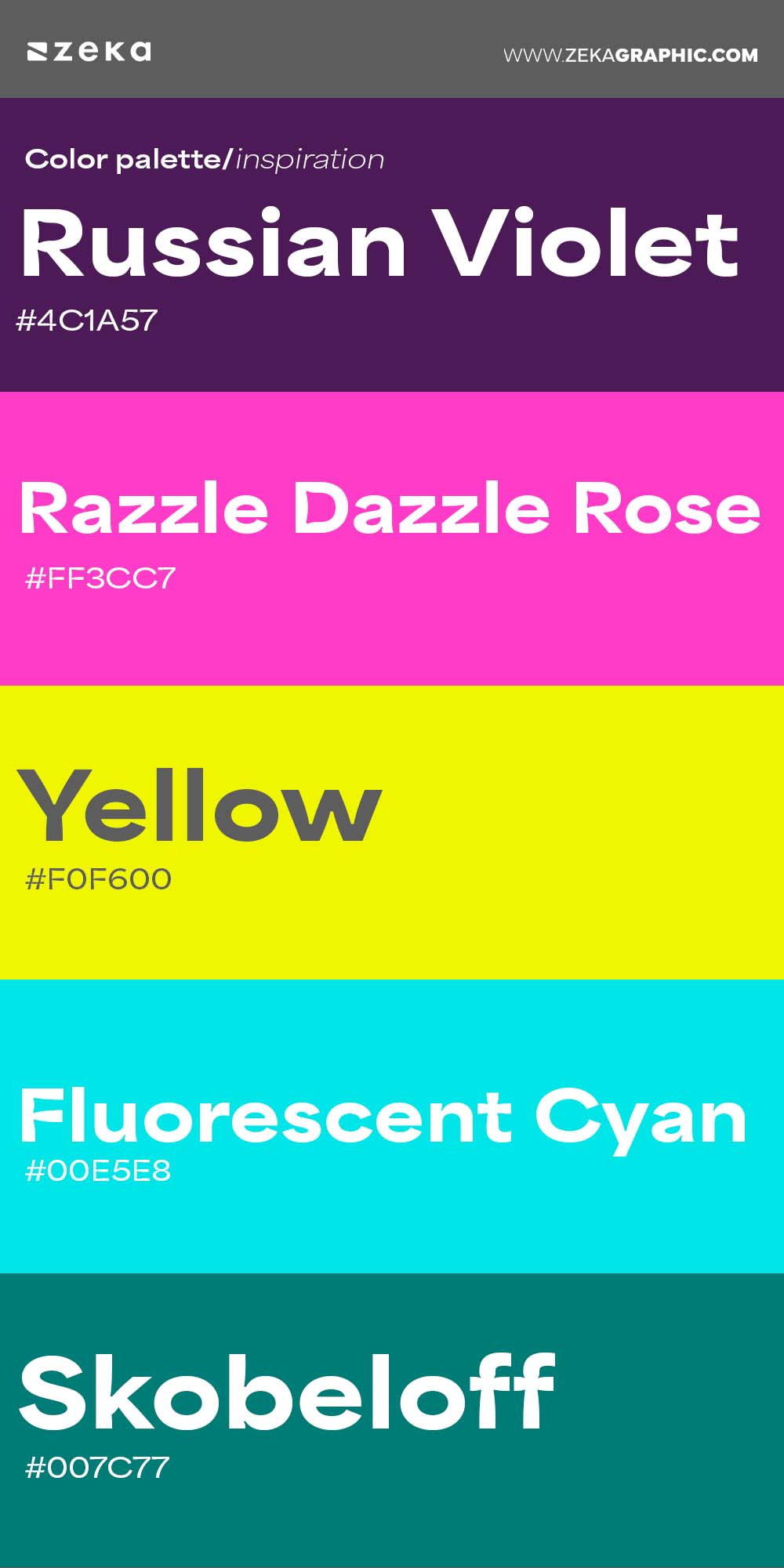 Color Palette Inspiration 9 #4C1A57 #FF3CC7 #F0F600 #00E5E8 #007C77