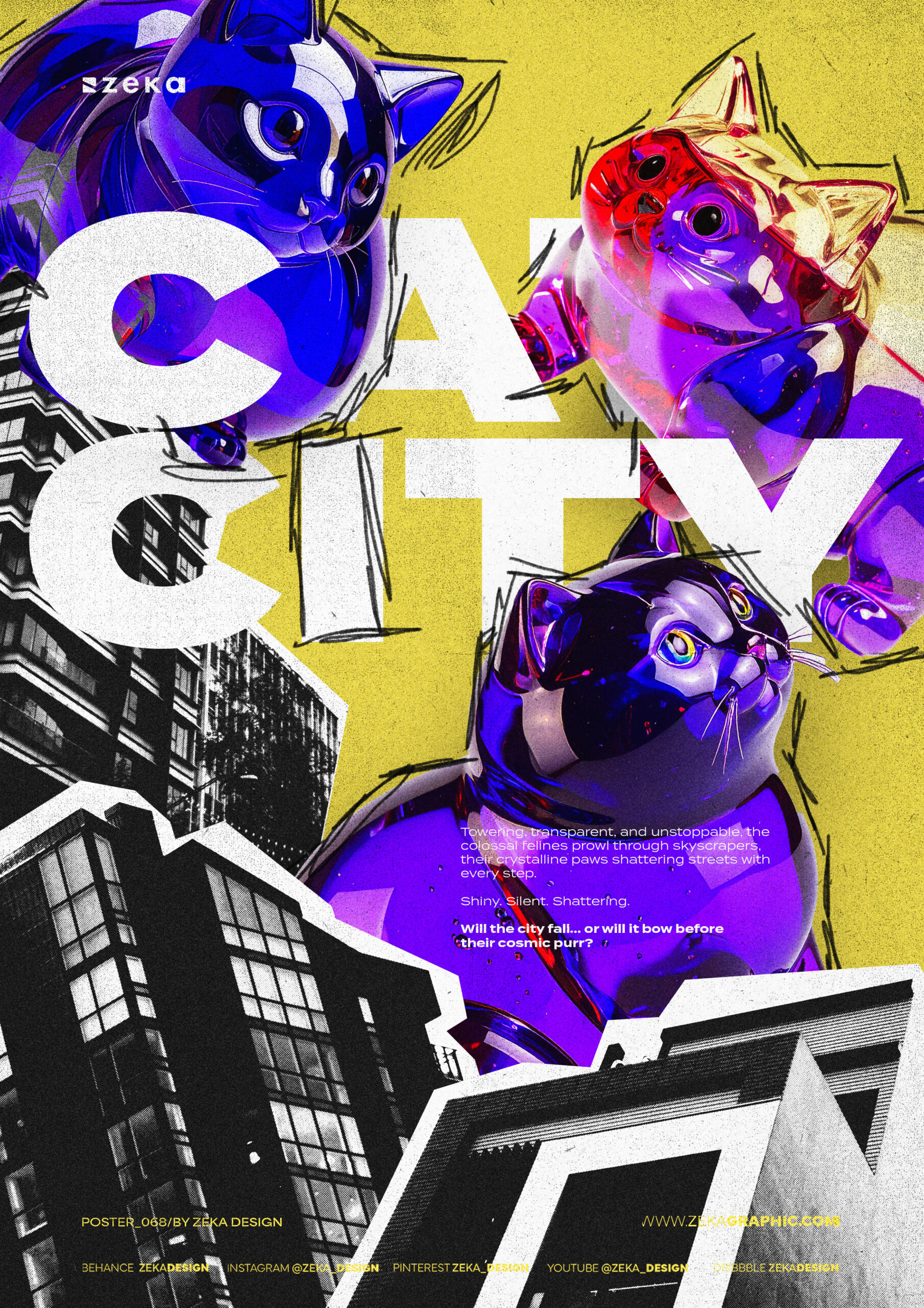 0068 Brutalist Collage Cat City Poster Design by Zeka Design