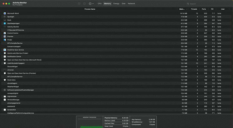 Review the activities from the memory tab