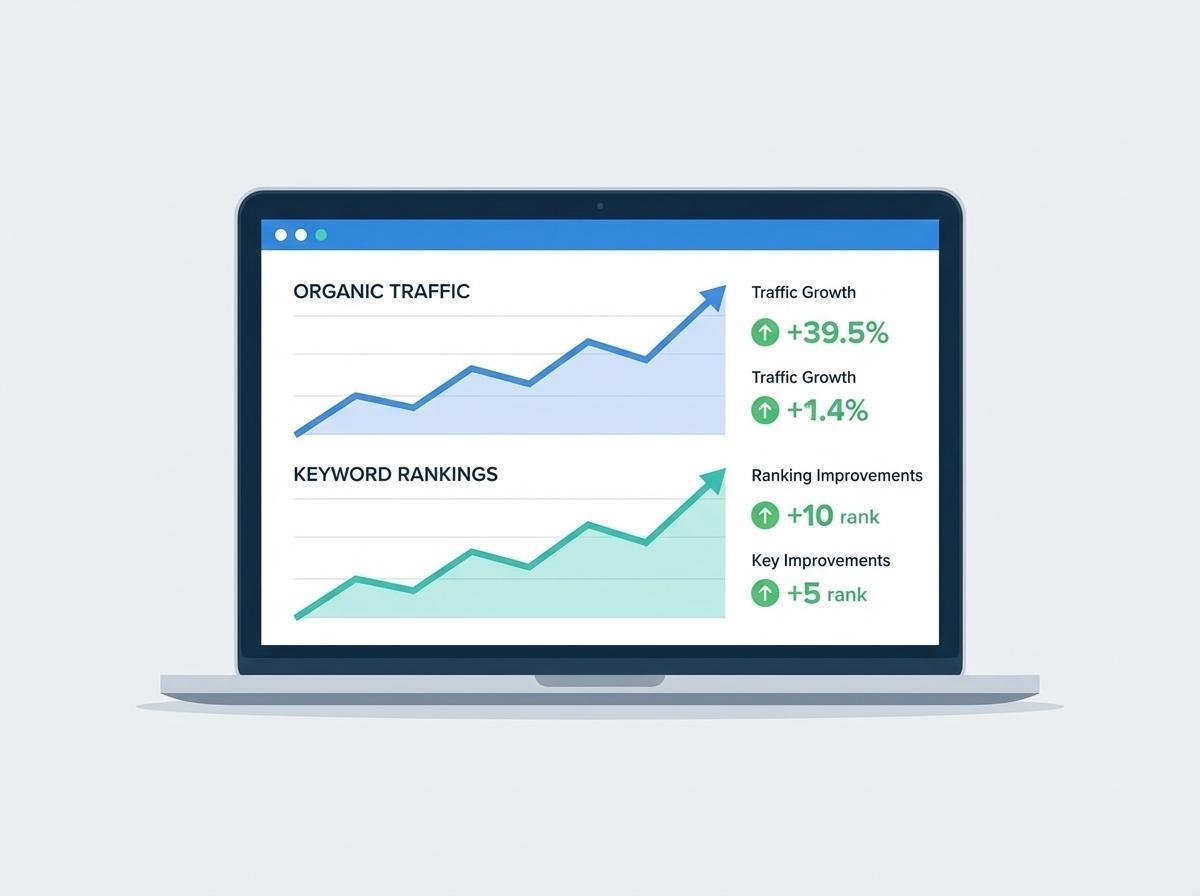 A laptop screen showing upward-trending analytics graphs for organic traffic and keyword rankings