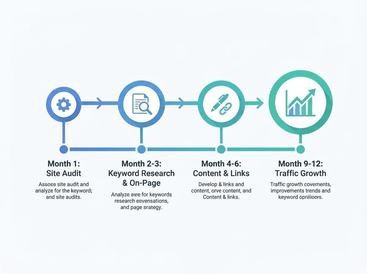 SEO campaign timeline showing milestones from Month 1 site audit through Month 12 measurable traffic growth