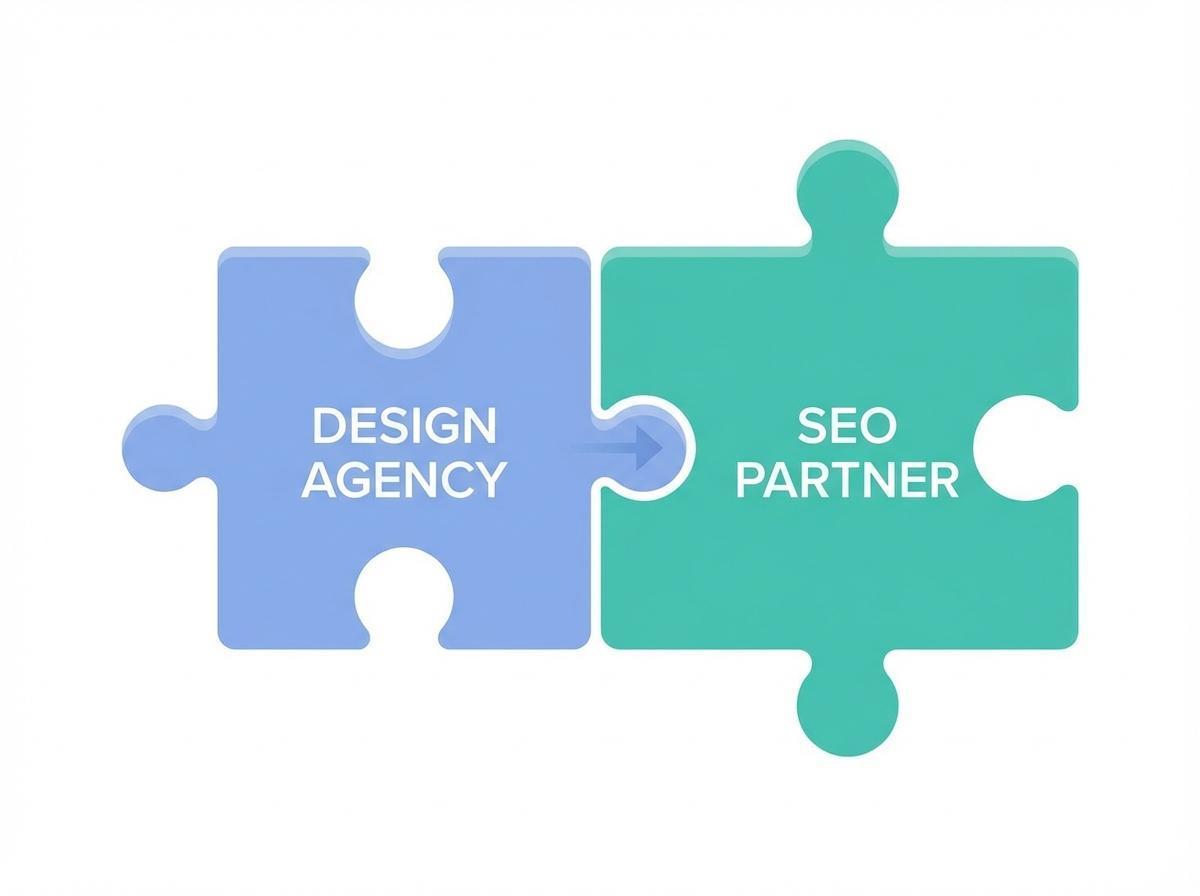 Two interlocking puzzle pieces labeled “Design Agency” and “SEO Partner” illustrating the white-label partnership model
