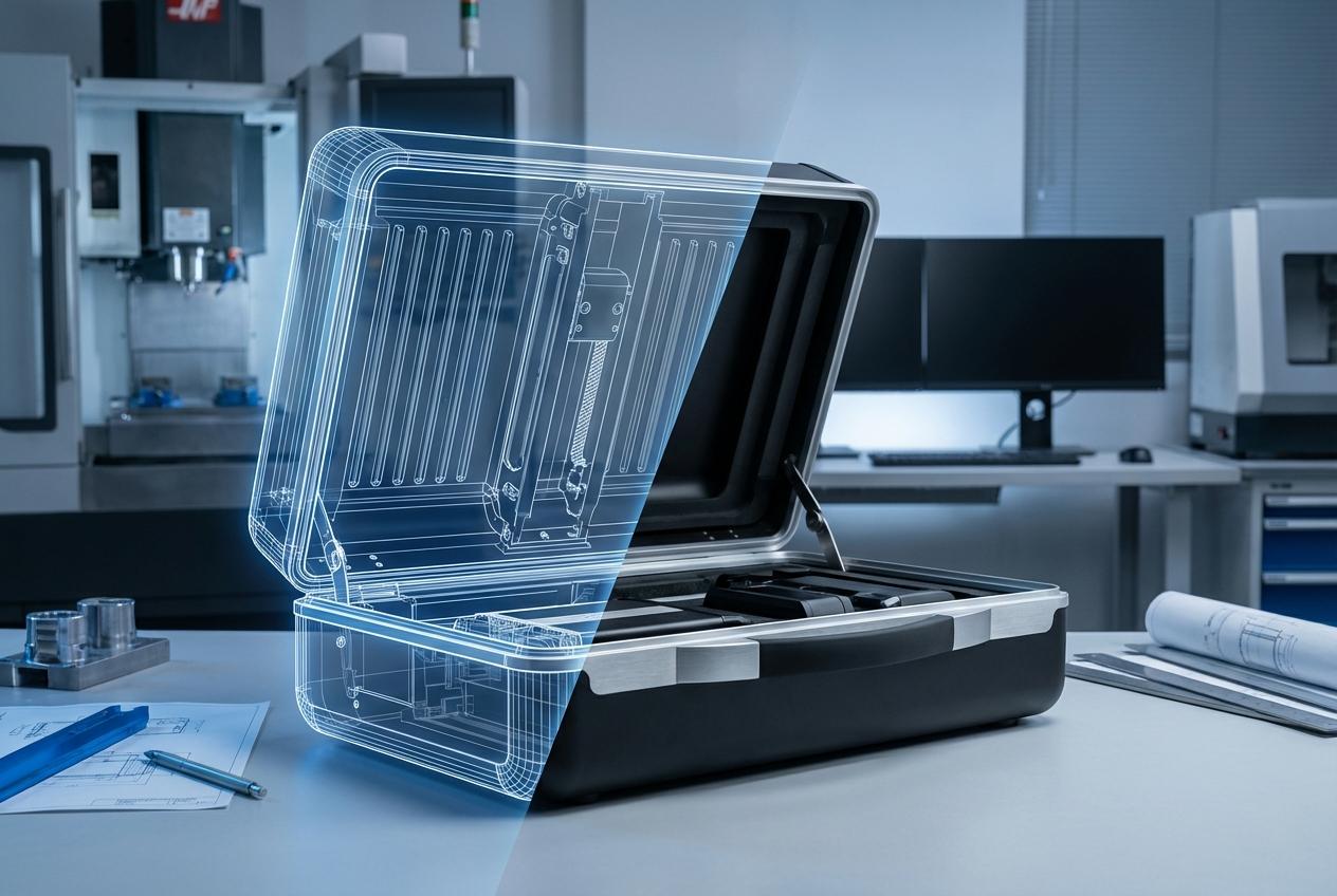 3D blueprint overlay on an open suitcase in a workshop