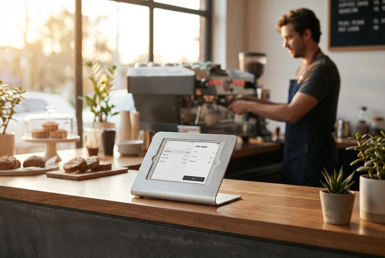 Barista working with tablet on cafe counter