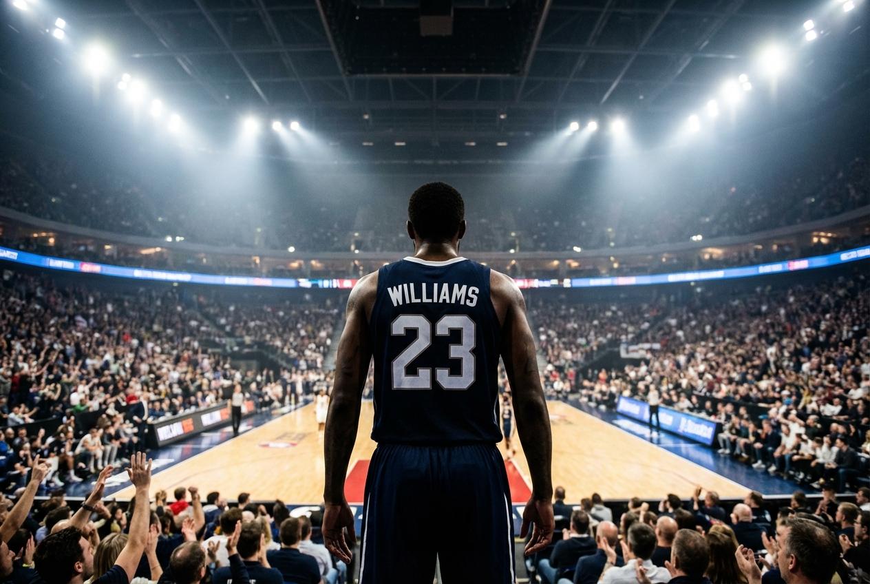 Basketball player Williams facing cheering arena crowd