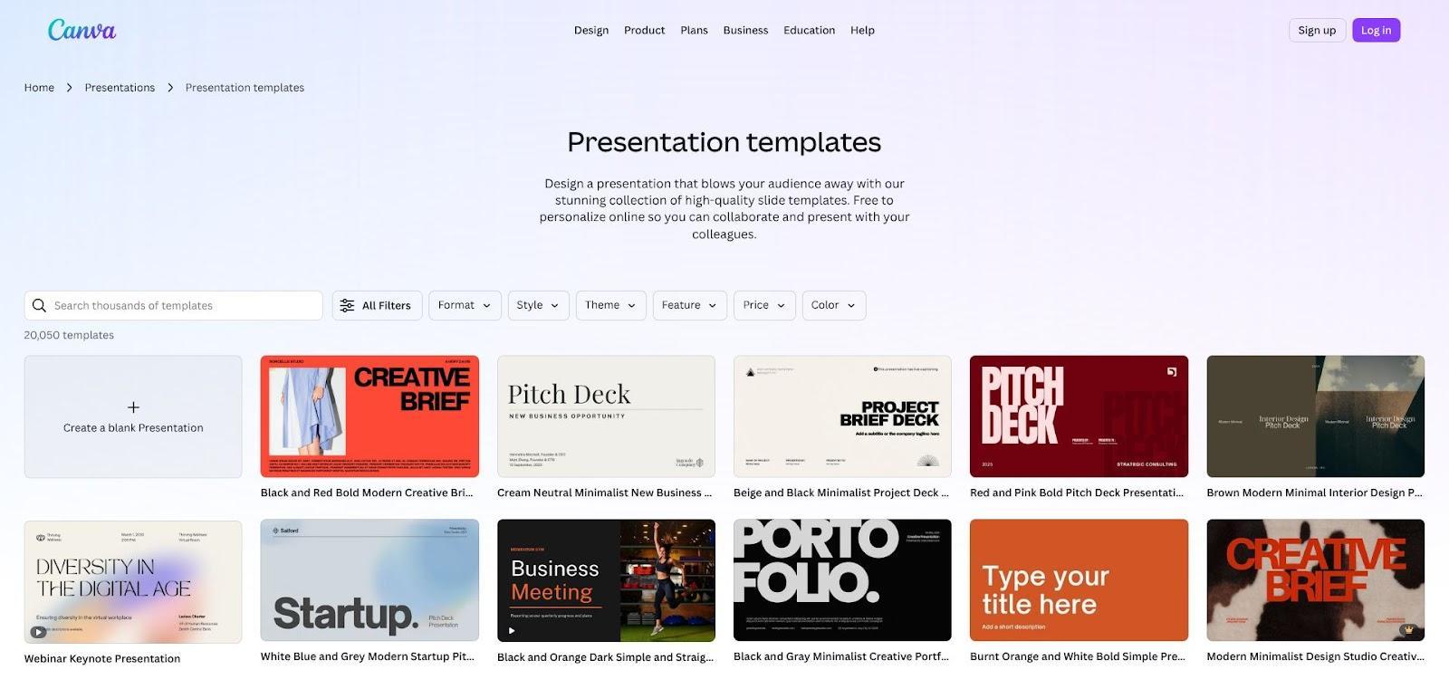 Canva portfolio presentation template gallery showing fast options