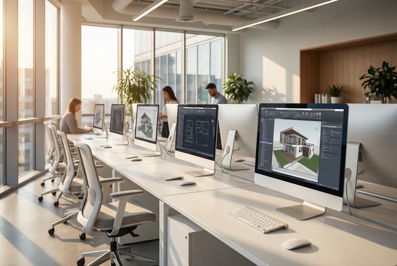 Modern architecture office with computers and people working