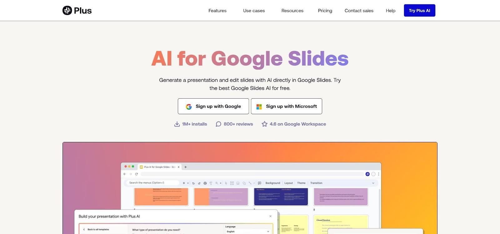 Plus AI inside Google Slides generating portfolio slides