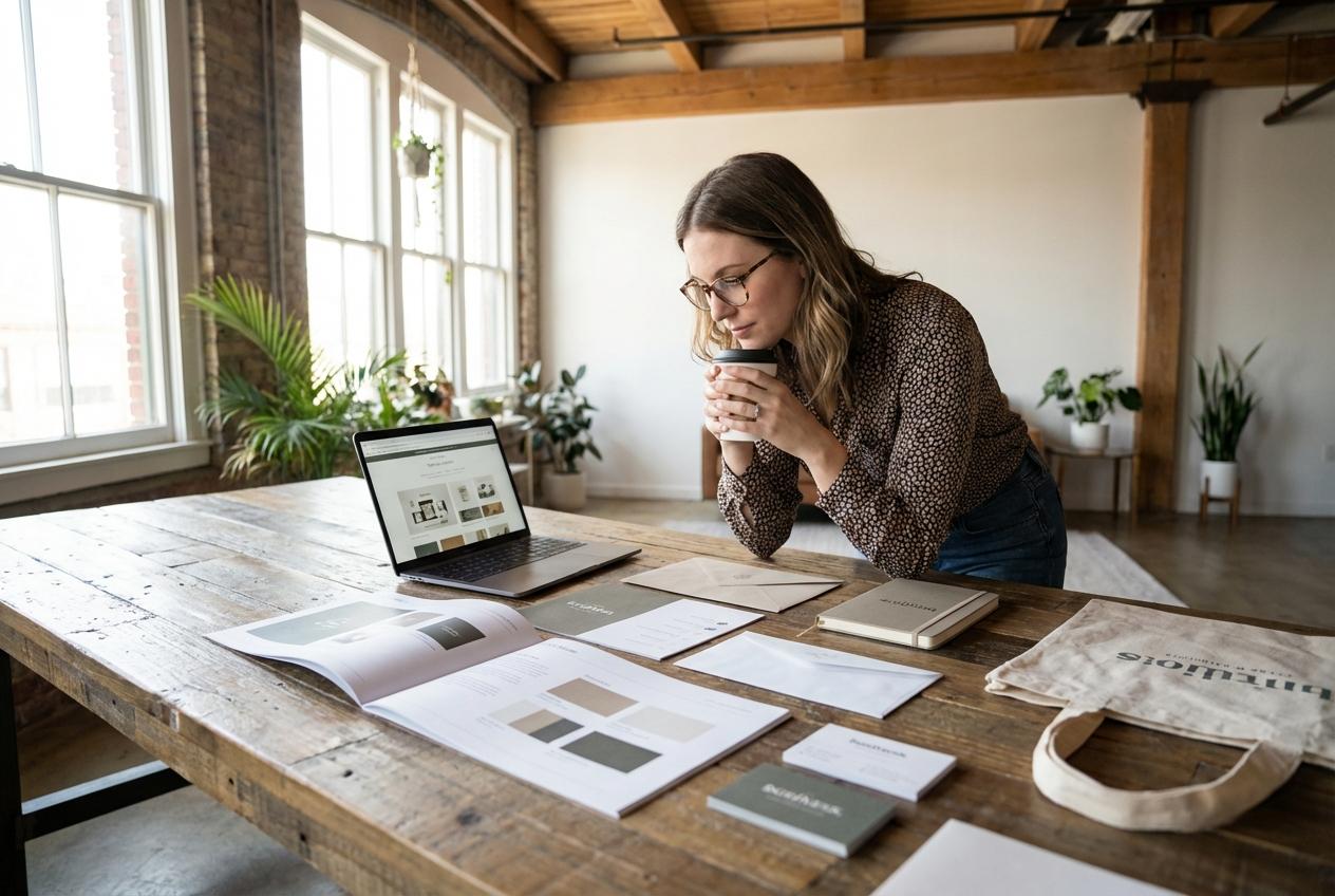 Woman reviewing design materials in a sunlit workspace