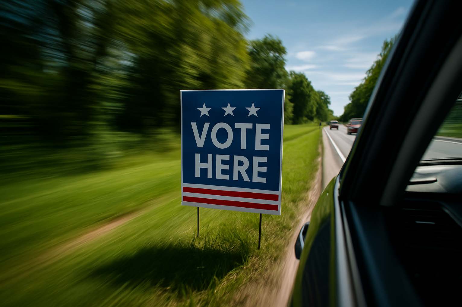roadside Vote Here sign with motion blur effect