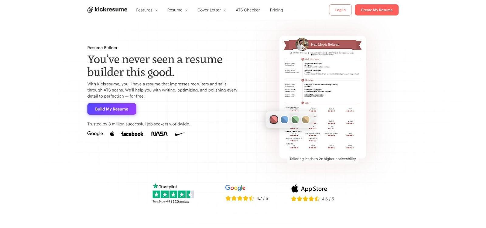 Kickresume AI-powered resume builder screenshot