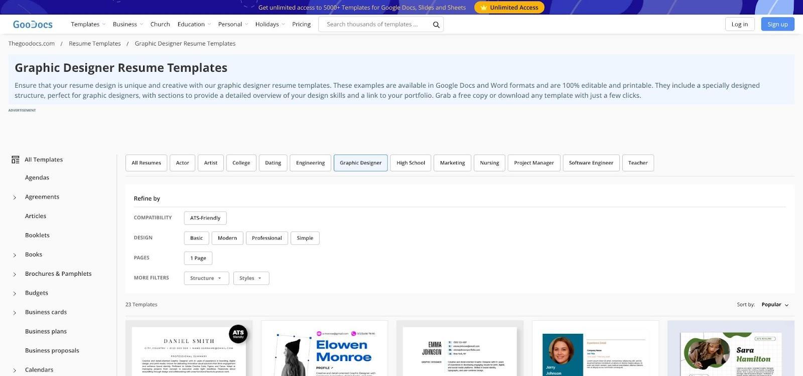 TheGoodocs Google Docs graphic designer resume template screenshot